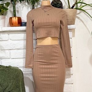 Elegant Tan Ribbed Skirt Set
